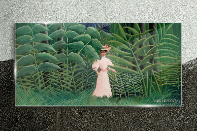 Woman in the green forest Glass art print