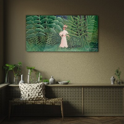 Woman in the green forest Glass art print