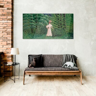Woman in the green forest Glass art print