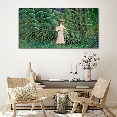 Woman in the green forest Glass art print