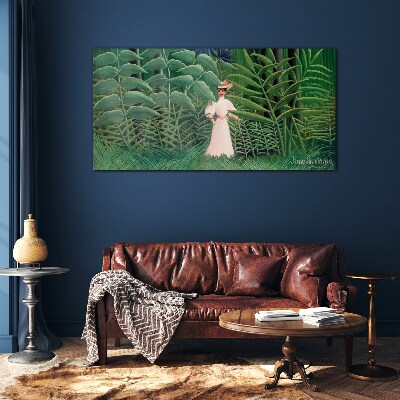 Woman in the green forest Glass art print