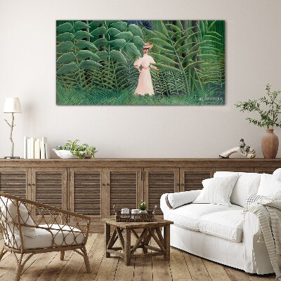 Woman in the green forest Glass art print