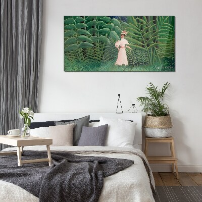 Woman in the green forest Glass art print