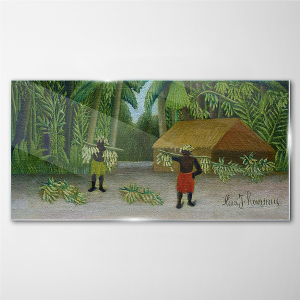 Banana harvest in a tropical landscape Glass art print
