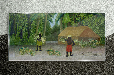 Banana harvest in a tropical landscape Glass art print