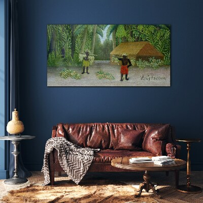 Banana harvest in a tropical landscape Glass art print