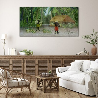 Banana harvest in a tropical landscape Glass art print