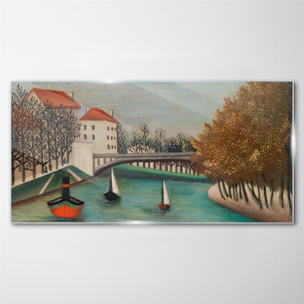 A peaceful landscape with boats Wall art on glass