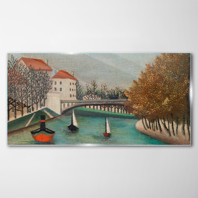 A peaceful landscape with boats Wall art on glass