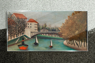 A peaceful landscape with boats Wall art on glass