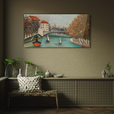 A peaceful landscape with boats Wall art on glass