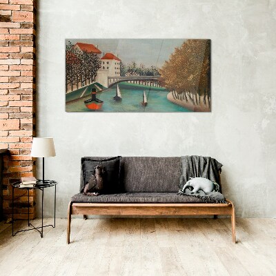A peaceful landscape with boats Wall art on glass