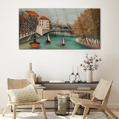A peaceful landscape with boats Wall art on glass