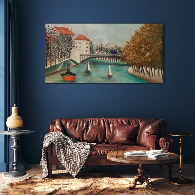 A peaceful landscape with boats Wall art on glass