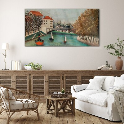 A peaceful landscape with boats Wall art on glass