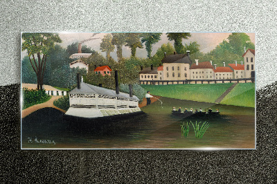 A quiet port with a steamer Wall art on glass