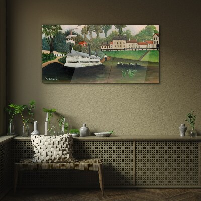 A quiet port with a steamer Wall art on glass