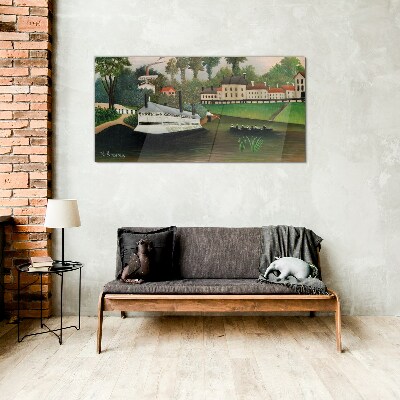 A quiet port with a steamer Wall art on glass