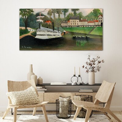 A quiet port with a steamer Wall art on glass