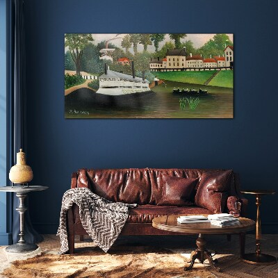 A quiet port with a steamer Wall art on glass