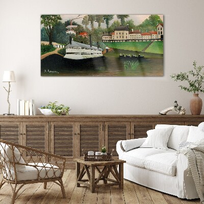 A quiet port with a steamer Wall art on glass