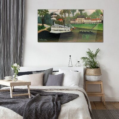 A quiet port with a steamer Wall art on glass