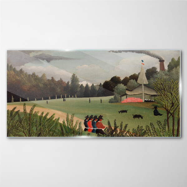 Green landscape with figures Glass art print