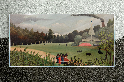 Green landscape with figures Glass art print