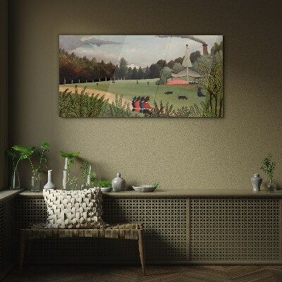 Green landscape with figures Glass art print