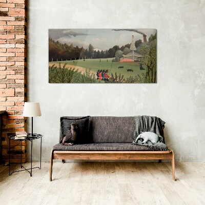 Green landscape with figures Glass art print