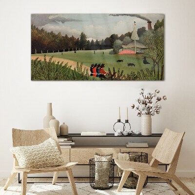 Green landscape with figures Glass art print