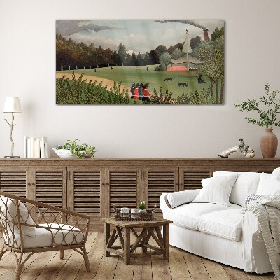Green landscape with figures Glass art print