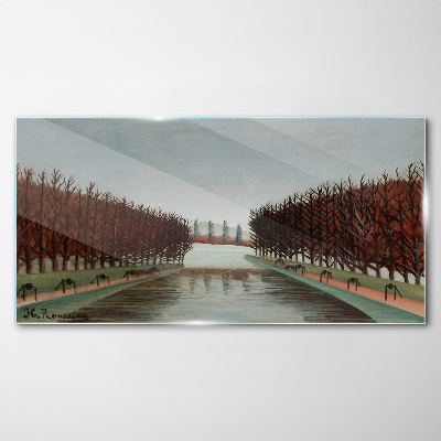 Winter landscape with a river Wall art on glass