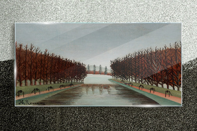 Winter landscape with a river Wall art on glass
