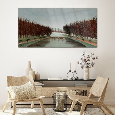 Winter landscape with a river Wall art on glass