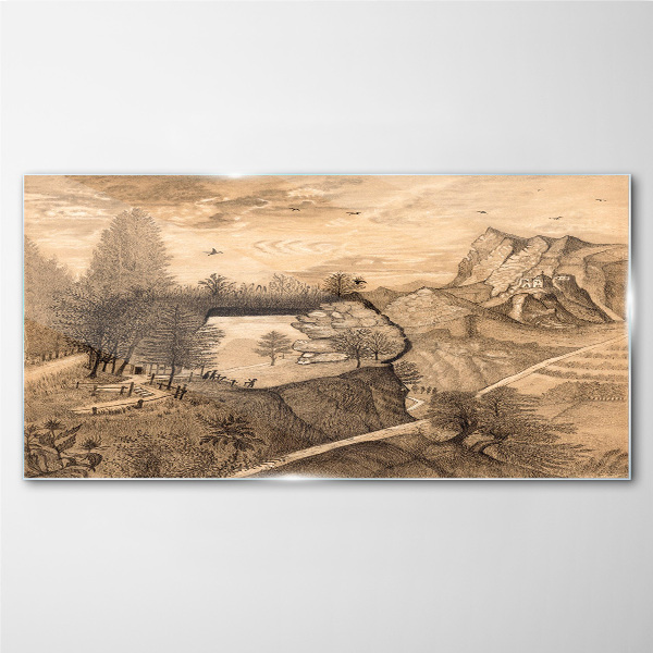 Landscape with a bridge and trees Glass art print