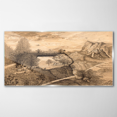 Landscape with a bridge and trees Glass art print