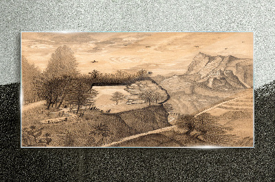 Landscape with a bridge and trees Glass art print