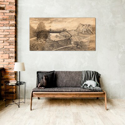 Landscape with a bridge and trees Glass art print