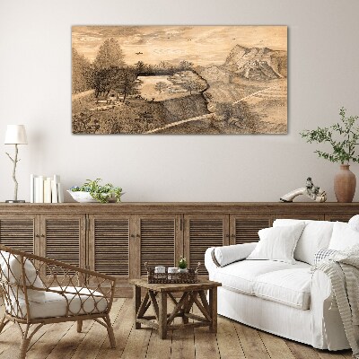 Landscape with a bridge and trees Glass art print