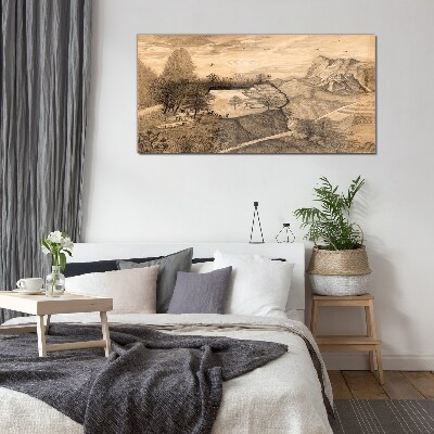 Landscape with a bridge and trees Glass art print