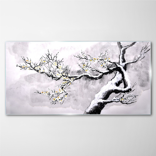 A blooming branch in a monochromatic tone Glass art print
