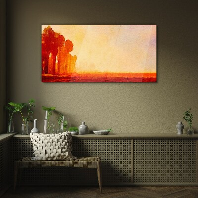 Sunset behind the palm trees Wall art on glass