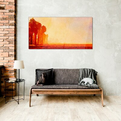 Sunset behind the palm trees Wall art on glass