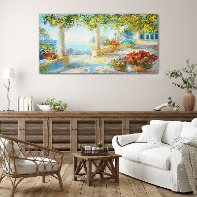 Spring landscape with flowers Glass art print