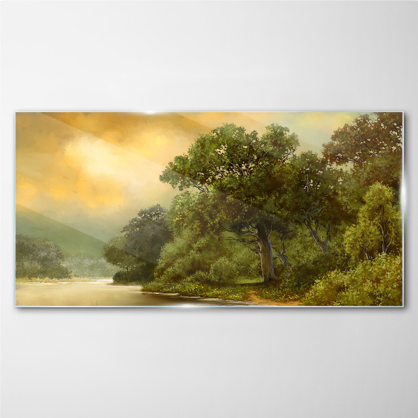 Golden light over a calm river Wall art on glass