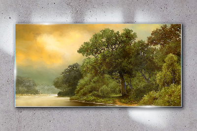 Golden light over a calm river Wall art on glass