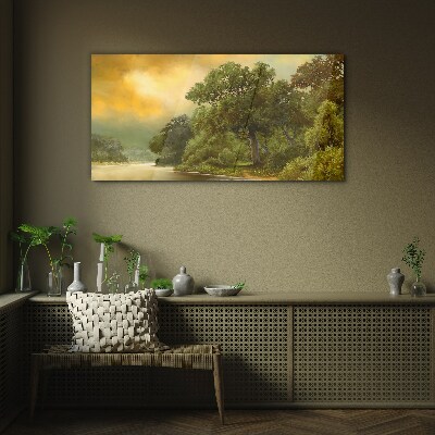 Golden light over a calm river Wall art on glass