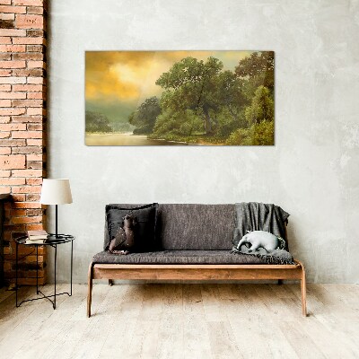 Golden light over a calm river Wall art on glass