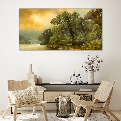 Golden light over a calm river Wall art on glass